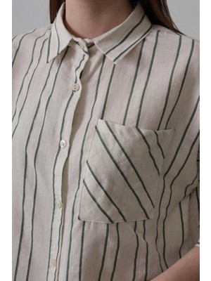 Modaurul Çizgili Kısa Gömlek - Bej-Yeşil