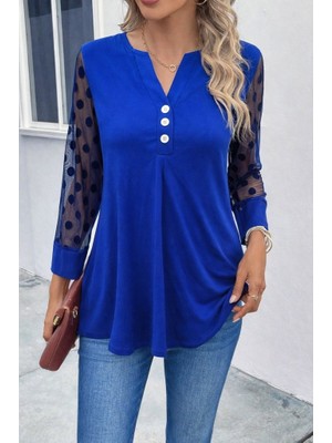 Modaurul Kadın Uzun Kollu Yakadan Düğmeli Kolları Tül Detaylı Viskon Bluz