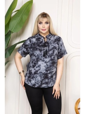 Modaurul Desenli Püsküllü Viskon Bluz Bebe Yaka Kısa Kollu Big Size Rahat Kesim - Desenli