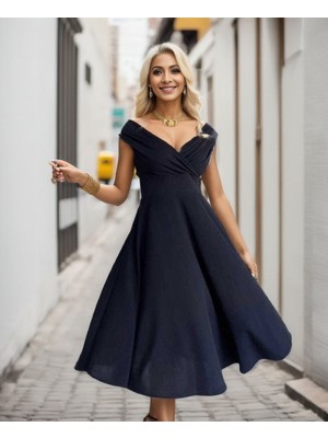 Modaurul Kadın Kısa Kollu Kruvaze Yaka Eteği Volanlı Krep Elbise