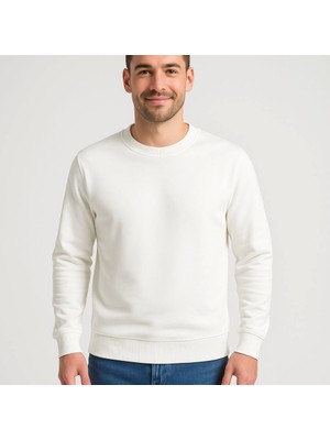 Modaurul Erkek Üç Iplik Düz Bisiklet Yaka Sweatshirt - Beyaz