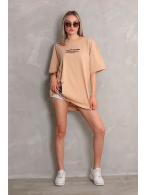 Modaurul Unisex Bisiklet Yaka Baskılı Oversize T-Shirt - Bej