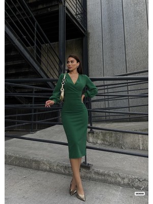 Modaurul Kadın Kruvaze Yaka Balon Kol Simli Krep Kumaş Midi Boy Elbise