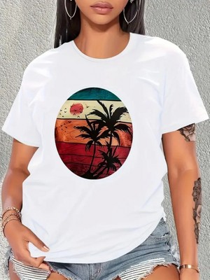 Modaurul Kadın Kısa Kollu Palmiye Baskılı Viskon T-Shirt