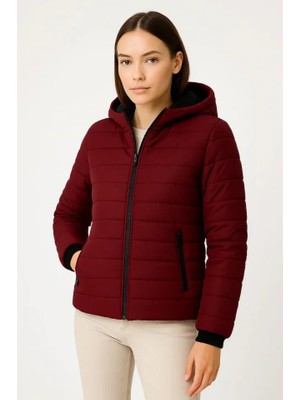 Modaurul Şişme Kapüşonlu Fermuarlı Mont Su Itici Kapitone Astarlı Kumaş Cepli Kışlık Rahat Kalıp - Bordo