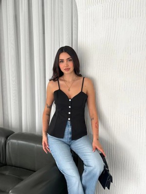 Modaurul Askılı Dekolte Deraylı Bluz Crop - Siyah