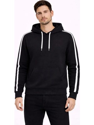 Modaurul Erkek Şeritli Kapüşonlu Sweatshirt Oversize 3 Iplik Pamuklu - Siyah
