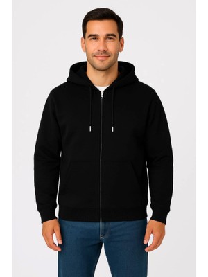 Modaurul Erkek Üç Iplik Kapüşonlu Tam Fermuarlı Kanguru Çepli Sweatshirt Hoodie - Siyah