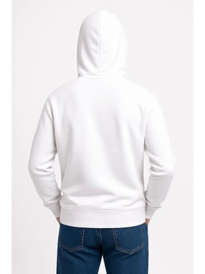 Modaurul Erkek Üç Iplik Kapüşonlu Kanguru Cepli Sweatshirt Hoodie - Beyaz