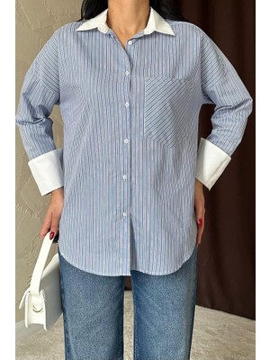 Modaurul Mavi Çizgili Poplin Uzun Kol Gömlek