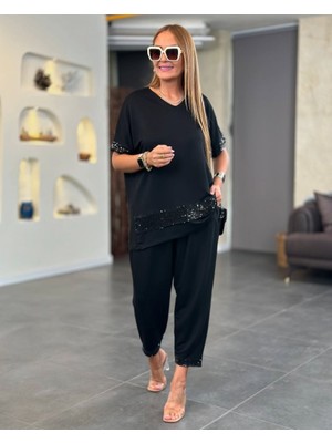 Modaurul Kadın Kısa Kollu V Yakalı Pul Payetli Viskon Iki Iplik Bluz ve Pantolon Ikili Takım