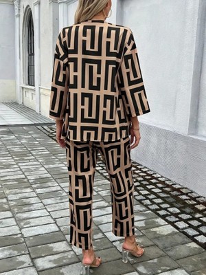 Modaurul Kadın Uzun Kollu Önü Açık Desenli Iki Iplik Ceket ve Pantolon Ikili Takım