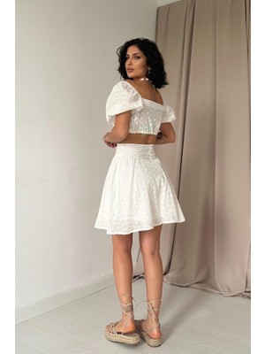 Modaurul Ekru Brode Crop ve Mini Etek Takım
