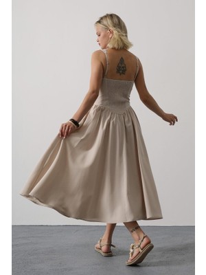 Modaurul Askılı Uzun Elbise - Taş