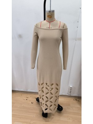 Modaurul Kadın Madonna Yaka Uzun Kollu Lazer Çiçek Kesim Detaylı Uzun Ithal Krep Elbise