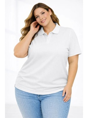 Modaurul Pike Kumaş Düğmeli Yaka Battal Büyük Beden Günlük Kısa Kol Tişört T-Shirt - Beyaz