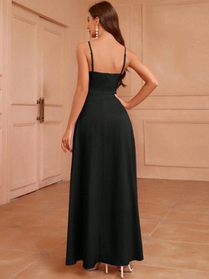 Modaurul Kadın Ip Askılı Kruvaze Yakalı Yırtmaçlı Uzun Ithal Krep Elbise