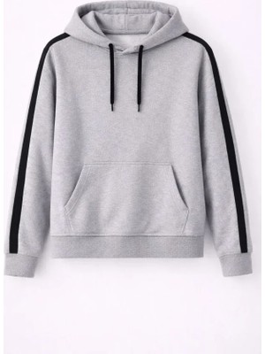 Modaurul Erkek Şeritli Kapüşonlu Sweatshirt Oversize 3 Iplik Pamuklu - Gri