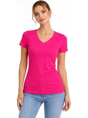 Modaurul T-Shirt V Yaka Slim Fit Likralı Tişört Günlük Basic Body - Pembe
