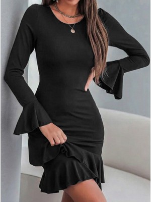 Modaurul Kadın Uzun Kollu Yuvarlak Yaka Fırfırlı Kol Ucu Volanlı Janjan Krep Mini Elbise