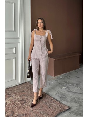 Modaurul Şantuk Keten Yelek Görünümlüaskılı Bluz - Pantolon Tk - Lila