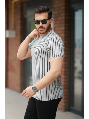 Modaurul Erkek Dikey Çizgili Ottoman Kumaş Kısa Kollu Tişört