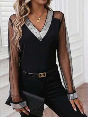 Modaurul Kadın Uzun Kollu V Yakalı Tül Detaylı Ithal Krep Bluz