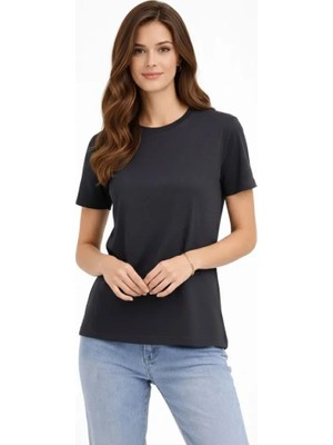 Modaurul Bisiklet Yaka Tişört Regular Kalıp Basic Pamuklu Günlük Kullanım T-Shirt - Füme