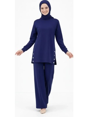Modaurul Osy Modal Yumuşak Dokulu Kumaş Modern Tesettür Takım Yandan Metal Çıtçıtlı Uzun Tunik Pantolon Set Salaş Kalıp - Lacivert