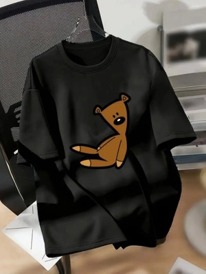 Modaurul Baskılı Oversize Bisiklet Yaka T-Shirt - Siyah