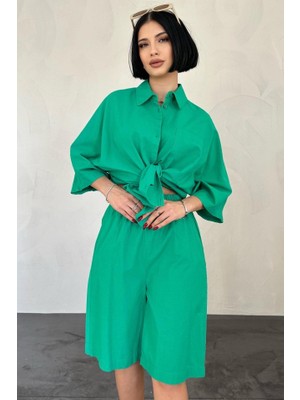 Modaurul Yeşil Kısa Kollu Keten Gömlek ve Şort Takım