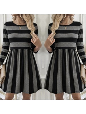 Modaurul Kadın Uzun Kollu Bisiklet Yaka Çizgili Desen Detaylı Süprem Mini Elbise