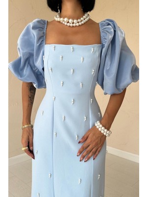 Modaurul Bebe Mavi Işlemeli Kolu Garnili Elbise