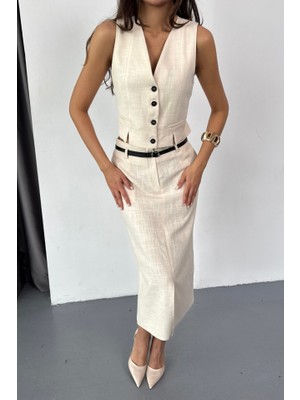 Modaurul Yelek-Önden Yırtmaçlı Etek Tk Şantuk Keten - Ham