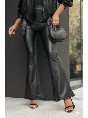 Modaurul Kadın Yüksek Bel Ispanyol Paçalı Deri Pantolon