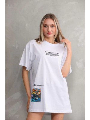 Modaurul Unisex Bisiklet Yaka Baskılı Oversize T-Shirt - Beyaz