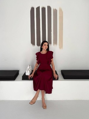 Modaurul Kadın Bisiklet Yaka Kollar Fırfırlı Kemer Dahil Double Kumaş Midiboy Elbise