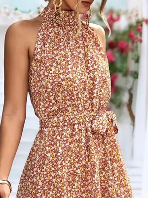 Modaurul Kadın Eteği Volanlı Halter Yaka Süprem Elbise