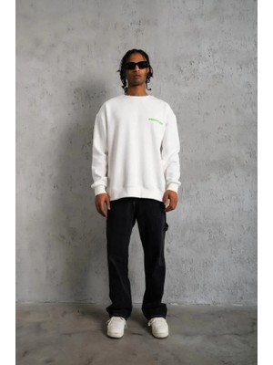 Modaurul Erkek Oversize Sweatshirt – Beyaz Renk  Ön ve Sırt Baskılı, Üç Iplik Içi Pamuklu Kumaş, Rahat Kalıp, Ribanalı Kışlık Sweat  Winagain Polizei Serisi - Beyaz