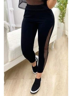 Modaurul Kadın Yüksek Bel File Detaylı Dar Kesim Viskon Iki Iplik Pantolon