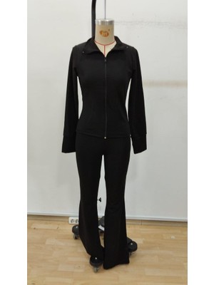 Modaurul Kadın Uzun Kollu Önden Fermuarlı Kısa Dalgıç Bluz ve Pantolon Ikili Takım