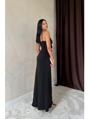 Modaurul Siyah Büzgülü Uzun Güllü Elbise