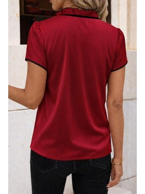 Modaurul Kadın Kısa Kollu Yakası Fırfırlı Bağcıklı Janjan Krep Bluz