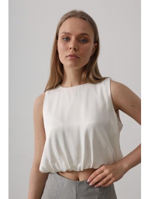 Modaurul Saten Kolsuz Belki Lastikli Bluz - Ekru