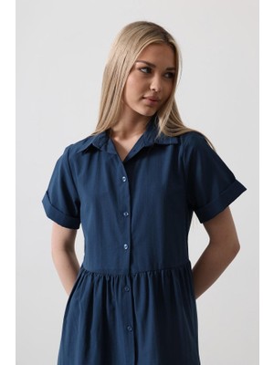 Modaurul Kısa Kol Düğmeli Elbise - Indigo