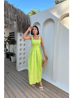 Modaurul Yağ Yeşili Askılı Aparatlı Brode Elbise