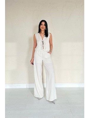 Modaurul Bej Önü Fiyonklu Keten Takım