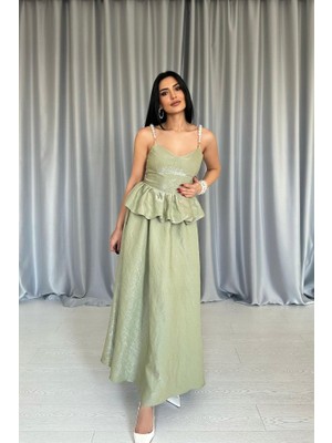 Modaurul Yeşil Beli Büzgülü Inci Askılı Uzun Elbise