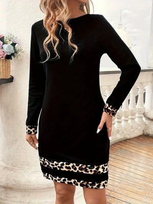 Modaurul Kadın Uzun Kollu Bisiklet Yaka Şerit Leopar Desenli Kısa Dalgıç Elbise