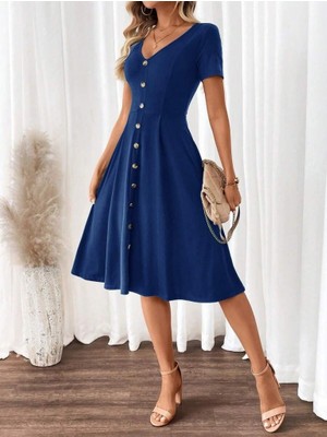 Modaurul Kadın Kısa Kollu V Yakalı Önden Düğmeli A Kesim Dokuma Elbise